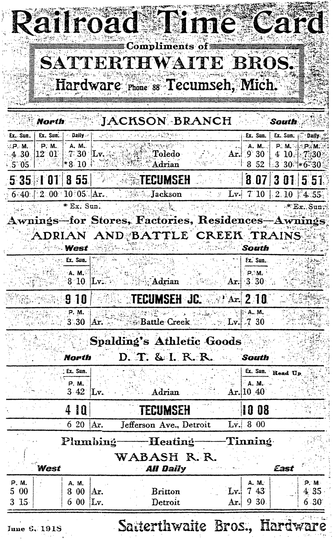 Tecumseh schedule card 1918